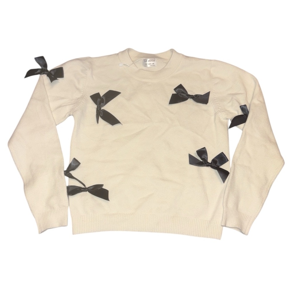 Elegant Cream Sweater with Black Bow Details